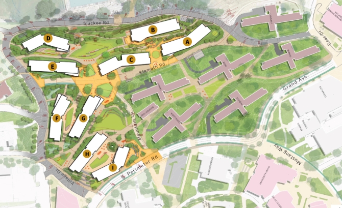 A rendering of the location of the new campus student housing projects to be built over the next 10 years